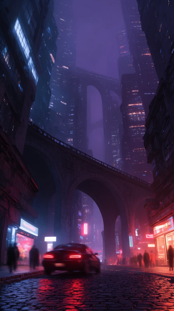 futuristic cyberpunk city street at night, towering illuminated skyscrapers forming a dense urban canyon, large arched stone viaduct crossing over wet cobblestone, dark car with glowing red taillights, blurred pedestrian silhouettes near bright neon storefronts, towering arched skybridge in hazy distance, deep purple and cool blue mist, vibrant neon red and warm orange ambient glow, cinematic pavement reflections, low angle perspective