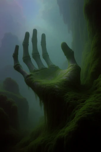 Velvet Moss Surrealism style reference image — liminal subterranean landscape