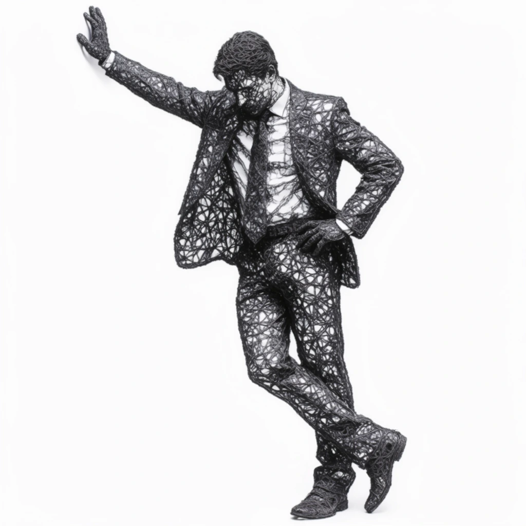 A single man in a suit, leaning heavily to the left, is constructed entirely from an intricate, web-like network of intersecting black threads against a stark white background. His right arm is fully extended upward and outward, pressing against the surrounding blank space, while his left arm is bent with his hand resting near his hip. His head is bowed forward, concealing his face within the dense cluster of dark fibers. His formal clothing, including a jacket, trousers, dress shirt, and shoes, is distinctly shaped by varying densities and patterns within the woven, mesh-like black line work. His legs are crossed at the ankles. The high-contrast, monochromatic composition relies exclusively on the organic, porous texture of intertwined and knotted black filaments to build the sculptural silhouette of the figure, forming a continuous structural grid of irregular polygons that allows the brilliant white background to show through the open negative space of the figure's body.