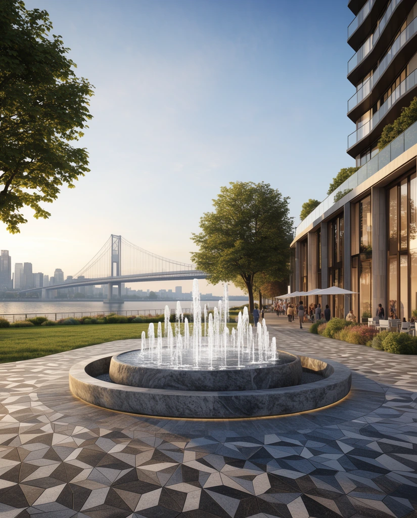 geometric paved waterfront promenade, stone fountain with vertical jets, modern building facade, lush green lawn, suspension bridge over river, distant city skyline, golden hour lighting, architectural rendering