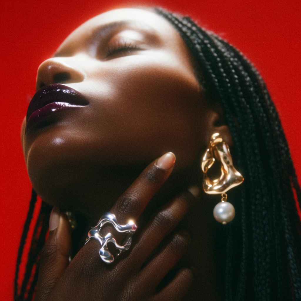extreme close-up portrait of a dark-skinned woman with head tilted back, eyes closed, glossy dark plum lips, long black micro-braids, abstract gold and pearl drop earring, hand gently touching jawline, sculptural liquid-metal silver ring, vibrant solid crimson background, low camera angle, dramatic cinematic lighting, glowing highlights, vintage film grain