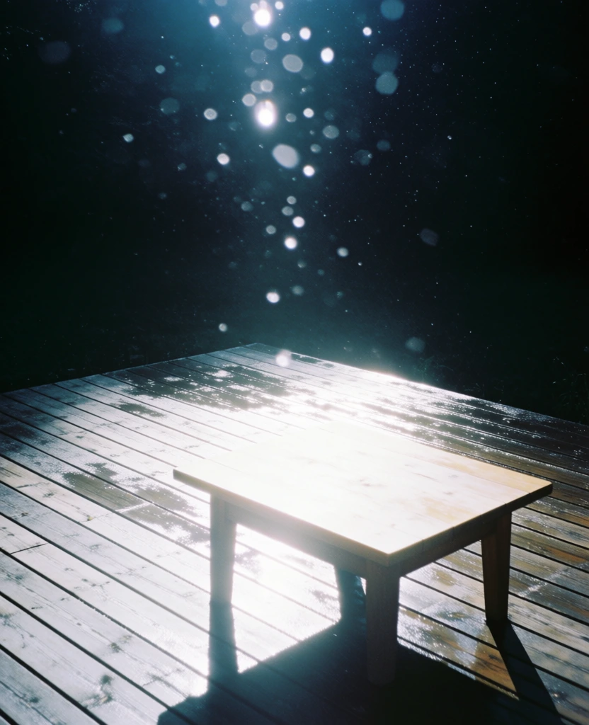 high-intensity direct flash photography, night scene on a weathered wooden deck featuring a minimalist coffee table, harsh overexposed white highlights hitting the wood, deep black grainy shadows in the background, shimmering light particles frozen in mid-air like crystalline droplets, cool blue and silver color palette, raw snapshot aesthetic, cinematic film grain, minimalist off-center composition, lo-fi fashion editorial style, high contrast, ethereal luminescence.