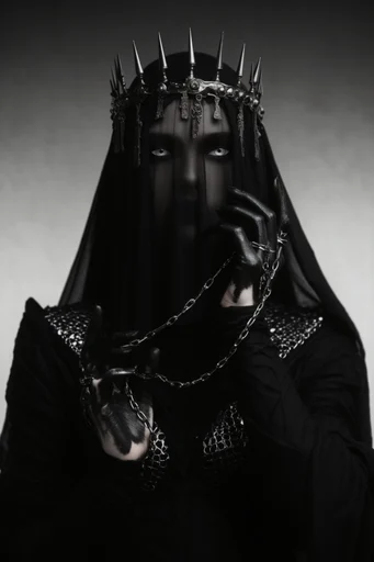 Liquid Gothic Sovereign style reference image — high-contrast studio lighting