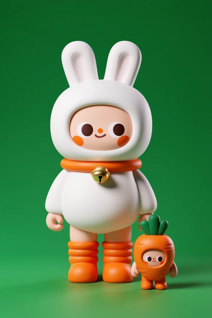 A 3D-rendered vinyl toy character stands beside a smaller carrot-costumed figure against a seamless vibrant green background. The main figure wears a puffy white bunny suit with upright ears, an orange collar holding a gold bell, and ribbed orange boots. Its simple face features large dark eyes and orange blush. Beside its foot sits a tiny companion inside a round orange carrot outfit topped with green leaves. Soft overhead studio lighting casts distinct drop shadows, highlighting the smooth matte textures and vivid orange, white, and green color palette of the designer collectibles.
