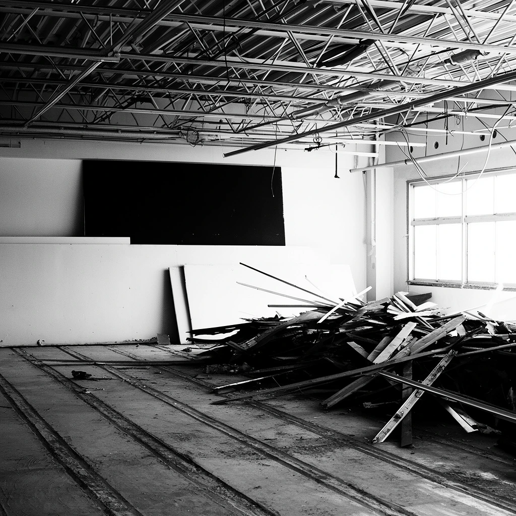 A high-contrast black and white photograph of a stark industrial interior undergoing demolition. A chaotic pile of splintered wood planks and metal debris dominates the right floor. Against the far wall, large white panels lean beneath a sharply defined, solid black rectangular shape. The exposed ceiling reveals a skeletal grid of bare metal trusses, pipes, and hanging cables. Brilliant, blown-out daylight streams through a multi-paned window on the right, casting deep shadows across the lined concrete floor, emphasizing raw textures and strong architectural geometry.