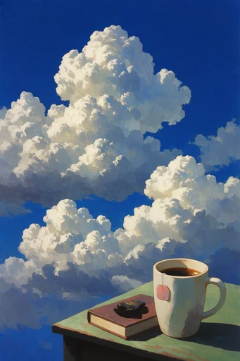 Nostalgic Surrealist Skies style reference image — deep cobalt blue sky