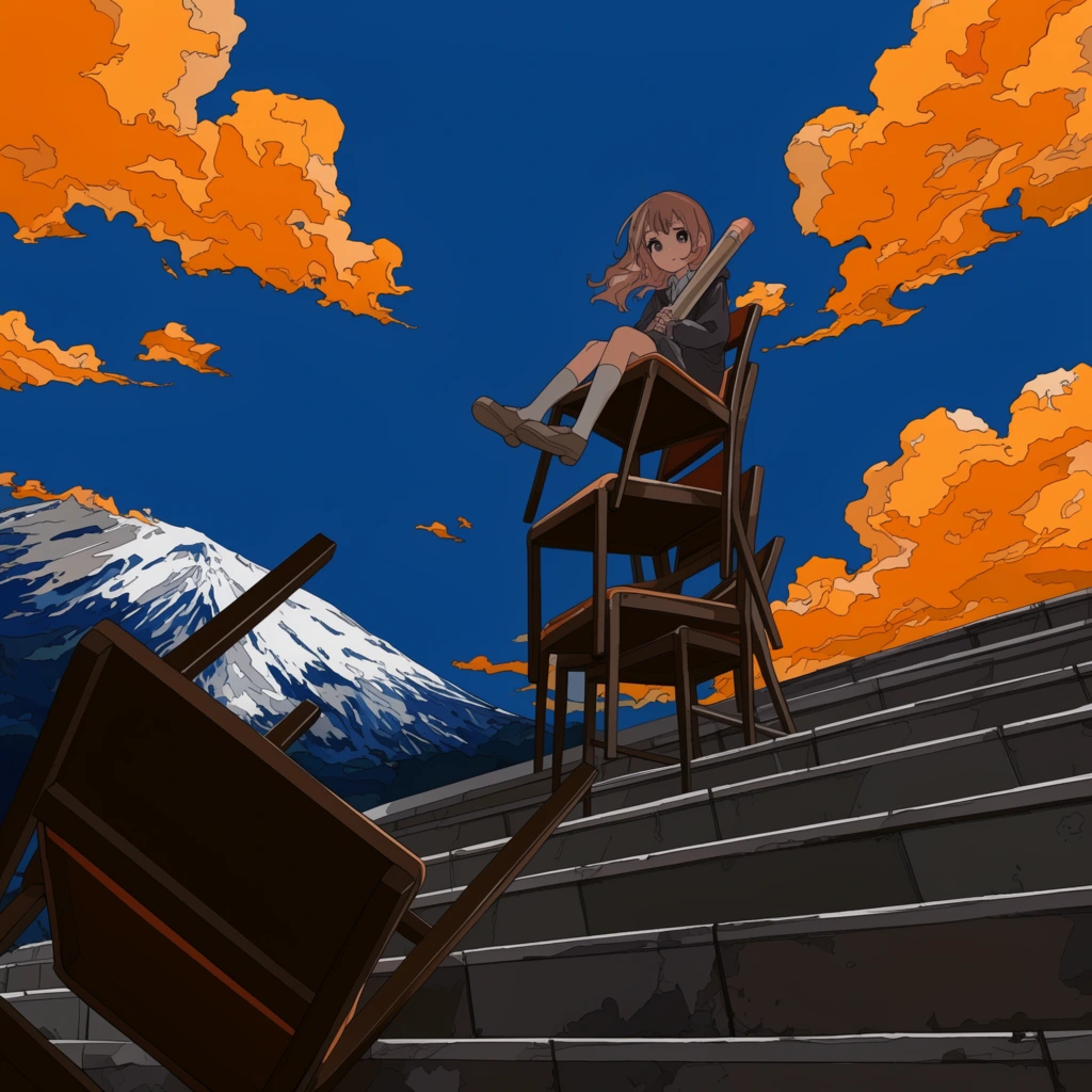 anime illustration, girl atop stacked chairs on outdoor stairs, holding a rolled cylinder, fallen chair in foreground, snow-capped mountain, deep blue sky, bright orange cel-shaded clouds, low-angle perspective, bold flat colors