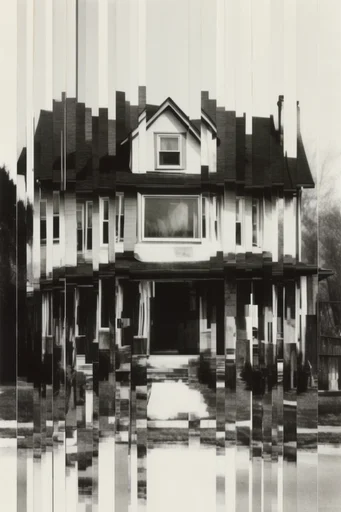 Monochrome Glitch Fragmentation style reference image — surreal photo collage