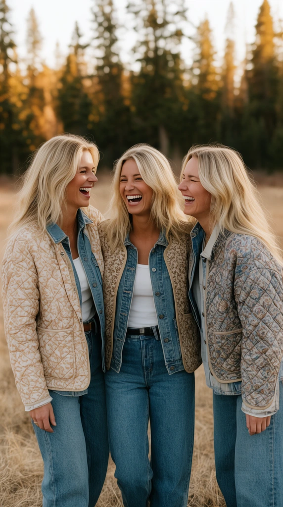 three blonde women laughing together, candid lifestyle photography, casual layered denim and patterned quilted jackets, dry grassy field, warm golden hour lighting, shallow depth of field, blurred evergreen trees