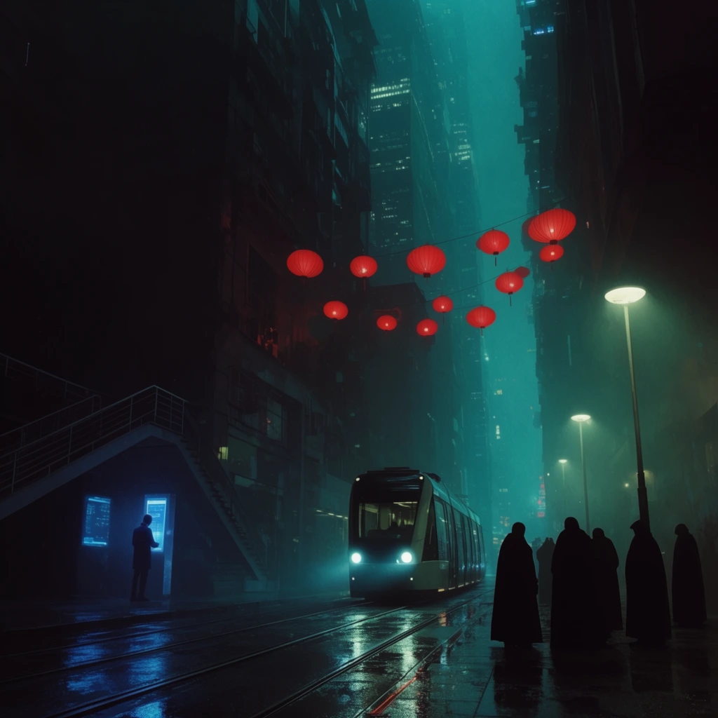 A dark futuristic city street at night illuminated by a teal atmosphere and red paper lanterns overhead. Towering skyscrapers create a deep vertical perspective. A sleek tram with bright headlights approaches along wet reflective pavement. Cloaked silhouettes gather on the right sidewalk near luminous streetlamps. On the left, a solitary figure interacts with a glowing blue terminal beneath a staircase. Cinematic digital art with deep shadows and vivid neon accents.