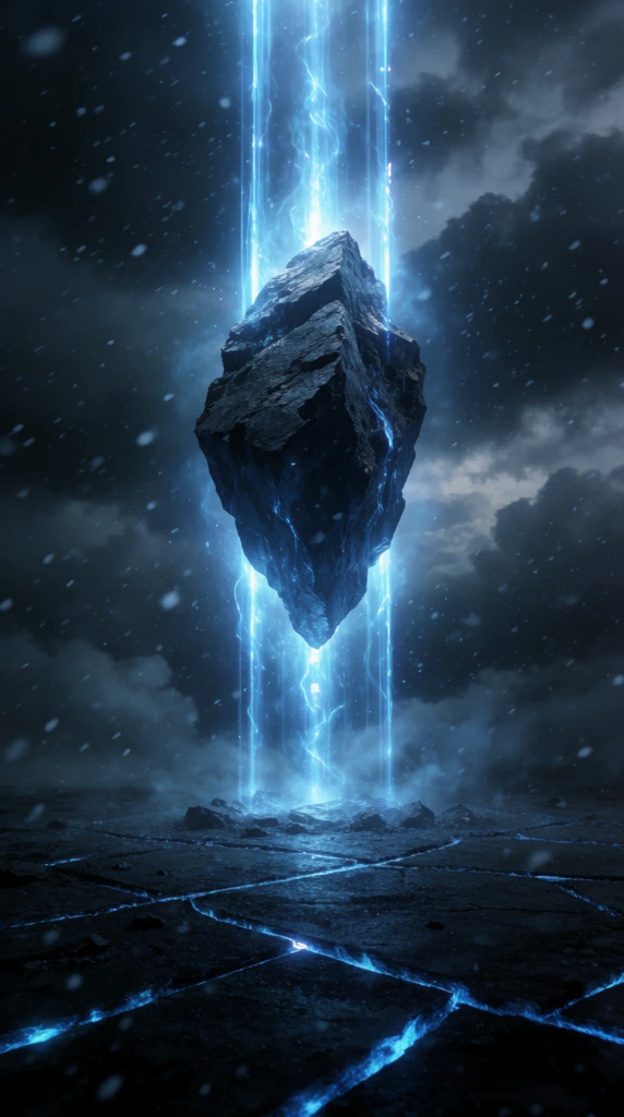 floating jagged rock suspended within vertical glowing blue energy beams, dark stormy atmosphere with falling snow particles, dark cracked ground with luminous blue geometric fractures, cinematic sci-fi lighting