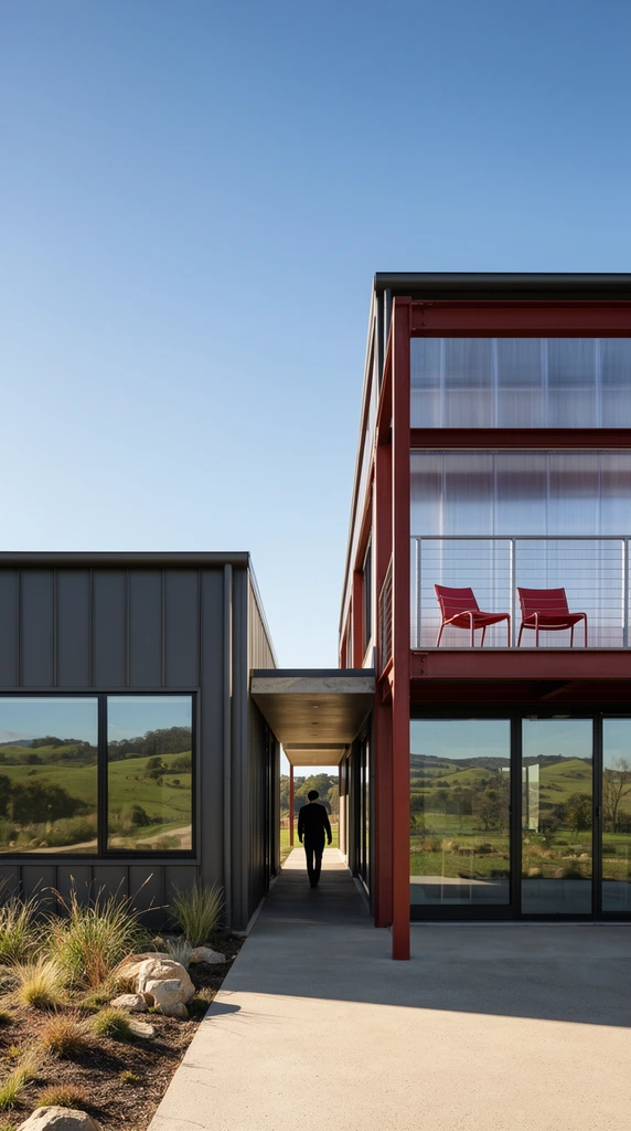 A modern industrial architectural complex sits beneath a clear blue sky in bright natural sunlight. The single-story left structure features dark grey metal paneling and a large window reflecting the landscape, bordered by drought-tolerant grasses and rocks. The adjacent two-story building is defined by exposed red structural steel beams, a balcony holding two red chairs, translucent corrugated panels, and expansive glass doors reflecting rolling green hills. A concrete pathway separates the volumes, where a figure in dark clothing walks away toward a covered breezeway. Crisp architectural photography captures the precise geometric forms, rich material textures of metal and glass, and deep contrasting shadows across the minimalist facades.
