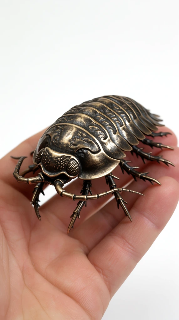A detailed, metallic model of an arthropod, likely a trilobite or isopod, held gently in a person's hand against a stark white background. The creature is crafted from a dark, bronzed metal with lighter, golden highlights emphasizing its segmented armor. The head features large, compound eyes with a stippled texture and two long, curved, segmented antennae extending forward. The body is composed of overlapping, scalloped plates running down its back. Underneath, numerous thin, spiky, articulated legs protrude, angling outwards and backwards. The hand holding the model is fair-skinned, with visible fingerprints and creases, providing a sense of scale. The lighting is bright and even, casting soft shadows that highlight the intricate metalwork and the contrast between the rigid model and the soft skin.