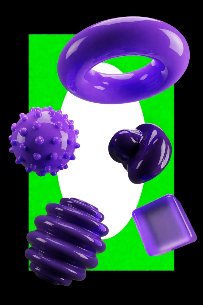 Glossy 3D purple geometric shapes float against a black background featuring a neon green rectangle and a central white oval. Dynamic elements include a smooth torus, a bumpy sphere, a dark purple swirled form, a ribbed object, and a translucent cube. High-contrast studio lighting creates bright reflections on the plastic-like surfaces in this bold graphic composition.