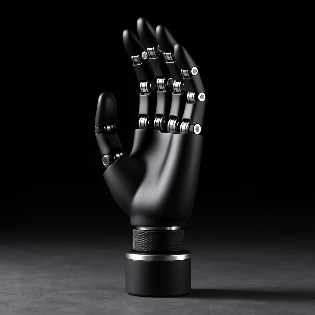 A matte black robotic hand stands vertically on a dark gray surface against a pitch-black background. Upward-reaching fingers reveal polished silver hinge joints. A textured knurled ring connects the sculpted hand to a smooth cylindrical base with a silver rim, illuminated by dramatic studio lighting.