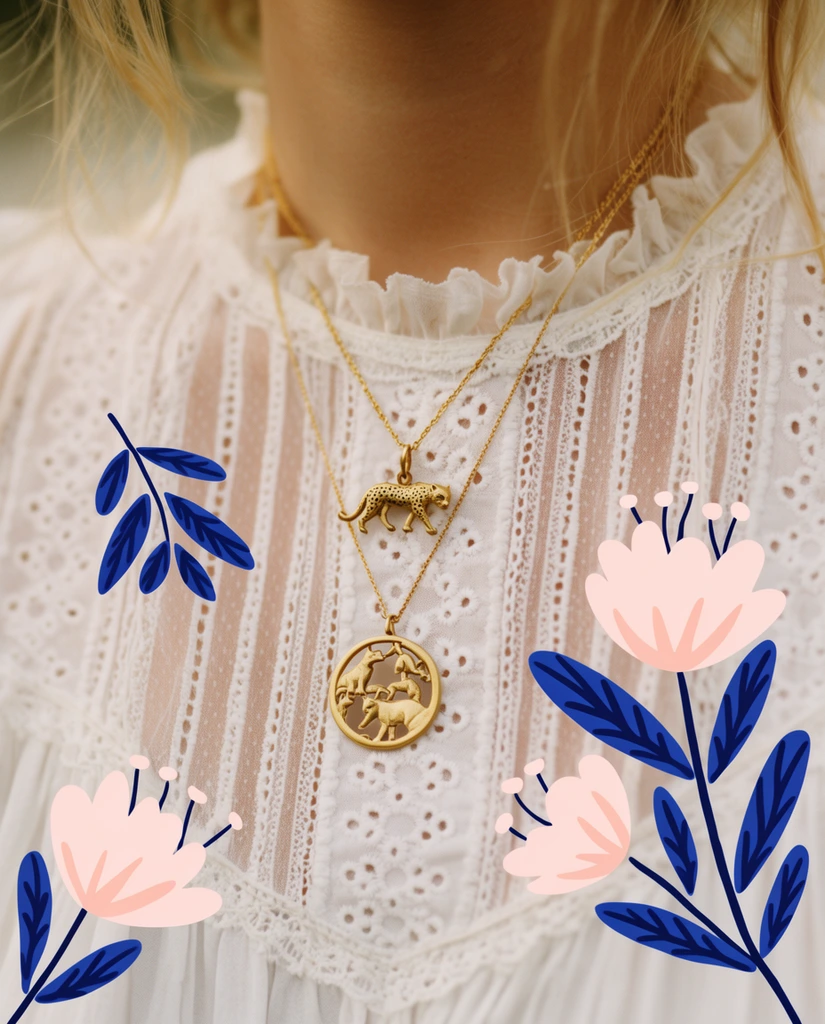 A fair-skinned person with wisps of blonde hair wears a delicate white lace blouse featuring sheer eyelet panels and a ruffled neckline. Two layered gold necklaces rest against the intricate fabric: a short chain with a small sculpted leopard pendant and a longer chain suspending a circular cutout medallion depicting animals. Playful, flat digital illustrations of light pink flowers and dark blue leaves are overlaid directly onto the composition. Soft, warm natural lighting and a blurred background with a shallow depth of field create an intimate, mixed-media lifestyle aesthetic.
