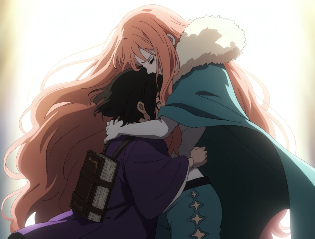 tall weeping woman with flowing peach hair in a fur-collared teal cloak and star-cutout pants tightly hugging a shorter dark-haired figure wearing a purple robe with a heavy book strapped to their back, emotional anime character embrace, brilliant glowing white background, dramatic cinematic backlighting, cel-shaded art style