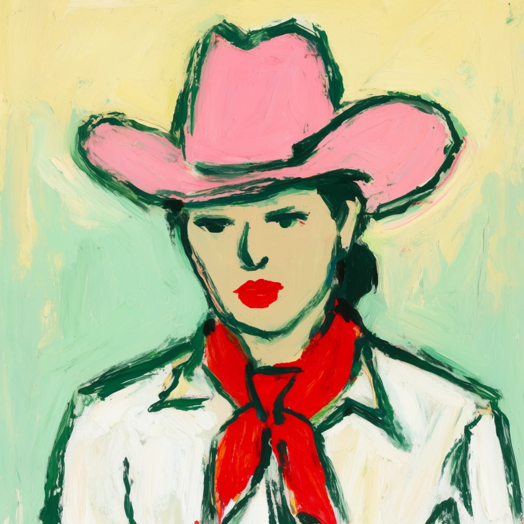 expressionist portrait, figure in a pink cowboy hat, red lips, bright red neckerchief, white shirt, rough dark green outlines, loose impasto brushstrokes, pale yellow and mint green background