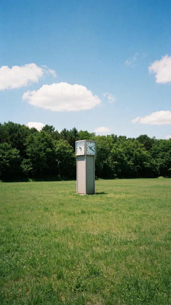 analog film photography, 35mm color negative, centered eye-level perspective, a minimalist clock tower with two white faces standing in an expansive grassy field, hard overhead noon sunlight, high contrast, vibrant saturated greens and blues, sharp short shadows, fine grain, nostalgic indie snapshot aesthetic, distant green treeline under a bright blue sky with scattered clouds, clean architectural lines, organic texture, deadpan composition.