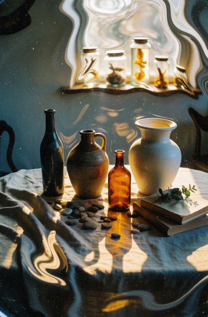 tabletop still life with four vases and wild flora, scattered river pebbles, draped linen, stacked books, background sunlit window, shelf with specimen jars, all seen through heavy mercurial liquid distortion with viscous chrome ripples, intense golden hour lighting against a grainy cerulean blue backdrop, high-contrast chiaroscuro, 35mm film scan texture, organic dust particles, surreal ethereal atmosphere, vintage analog grain, warm sun-drenched subjects versus cool blue space.