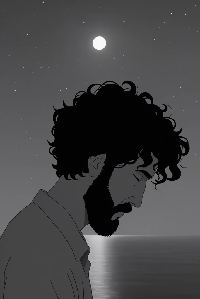 A monochromatic 2D animated profile of a bearded man with unruly dark curls, hunched facing right against a starry night sky. He wears a simple collared shirt. A bright moon hangs in the flat, dark, star-speckled sky above calm water reflecting a vertical band of moonlight. The minimalist, cel-shaded grayscale rendering uses clean silhouettes to create a melancholic atmosphere.