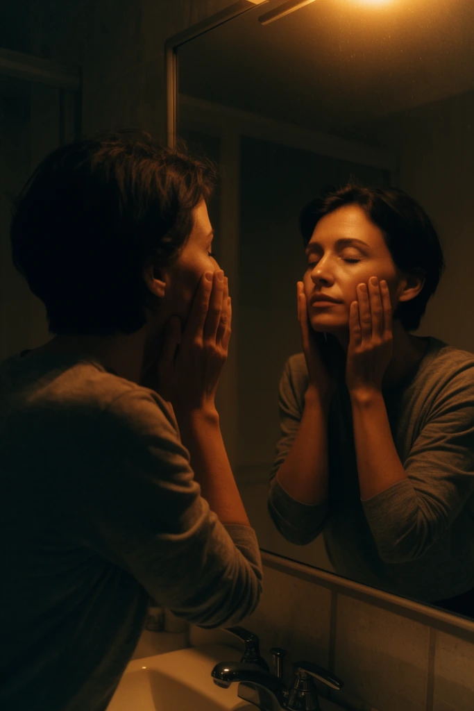 A woman facing a bathroom mirror in a dimly lit room presses both hands to her cheeks, her eyes closed in the reflection. Warm amber light from above casts deep shadows on her grey shirt and short dark hair, creating an intimate, low-key cinematic composition.