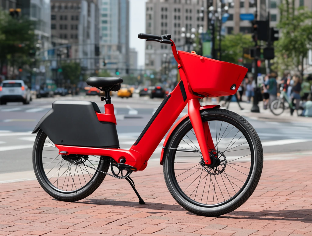 bright red electric bicycle on brick pavement, step-through frame, front basket, black rear wheel fender, blurred city intersection background, bright daylight