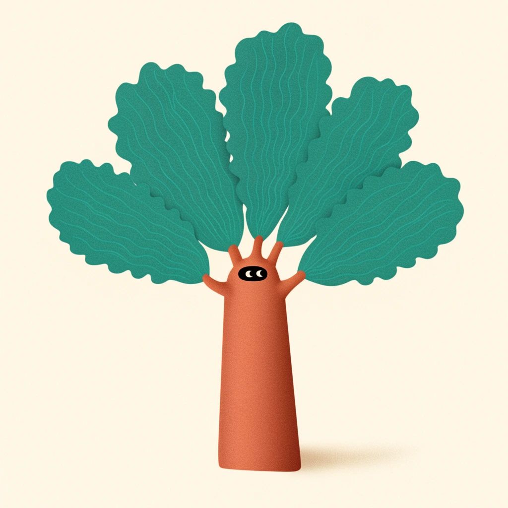A whimsical, stylized illustration of a quirky tree-like character centered against a solid cream background. The character features a thick, cylindrical terracotta-colored trunk. Nestled at the top of the trunk, just below short branching stems, is a tiny black oval containing two small white eyes glancing sideways. Sprouting above is a fan-like cluster of oversized, teal-green leaves with deeply scalloped edges and delicate wavy vein patterns. The artwork exhibits a flat, graphic composition enhanced by a subtle, uniform grainy texture resembling digital stippling. A soft shadow casts to the right of the trunk, grounding the minimalist design.