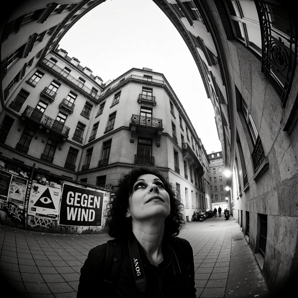 A high-angle, black and white fisheye photograph captures a woman looking up towards the sky from a narrow urban street surrounded by tall apartment buildings. The woman, positioned in the lower center foreground, has dark, curly hair and dark eye makeup, her head tilted back to gaze upward. She wears a dark jacket, and a camera strap with the white text "SONY" is visible over her shoulder. The street around her is paved with square stones, and in the lower-left background, a wall is covered with posters and graffiti, including a prominent triangular eye symbol and the words "GEGEN WIND" in bold, sans-serif, white letters on a dark rectangle. To her right, a narrow alleyway recedes into the distance, where a few distant figures and parked motorcycles are visible under the glow of street lamps. The surrounding buildings are several stories high, featuring numerous windows with dark frames and small Juliet balconies with intricate iron railings. The fisheye lens dramatically distorts the architecture, making the buildings appear to curve inward and frame a bright, overexposed sky that forms an irregular, circular shape at the top center. The overall aesthetic is gritty and high-contrast, with deep blacks and bright highlights emphasizing the textures of the stone walls and the architectural details.