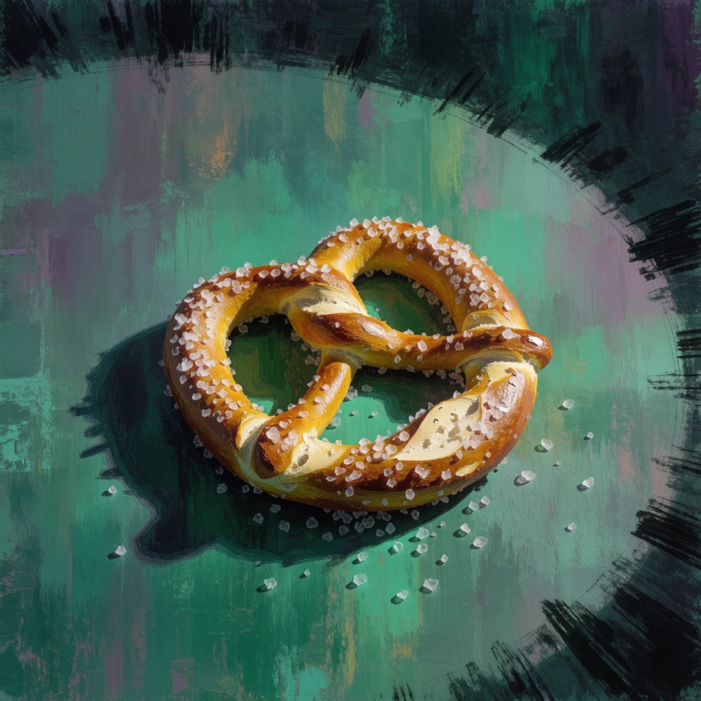 a solitary salted pretzel with coarse crystalline grains, positioned on a flat textured surface, casting a soft elongated shadow to the left, rendered in a painterly surrealist style with heavy vertical brushstrokes, palette of deep emerald to pale teal with lilac highlights, framed by a jagged black silhouette vignette, thick acrylic impasto textures, dramatic top-down lighting, conceptual fine art aesthetic, high-contrast sculptural 3d rendering