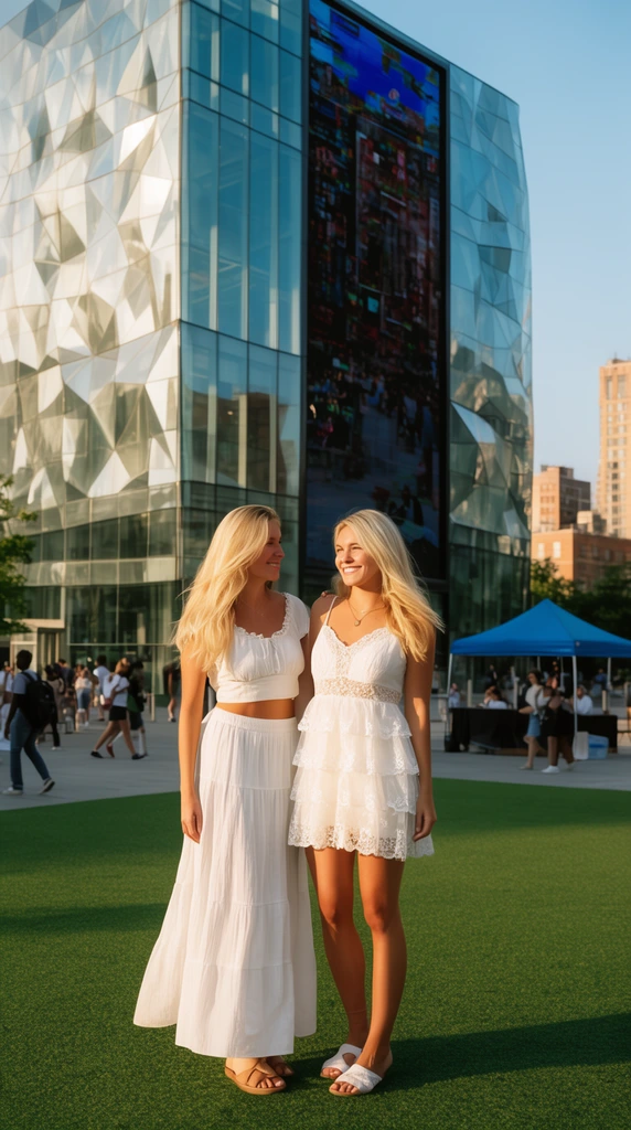 Two blonde women stand on green turf, sharing a smile under golden sunlight. One wears a white crop top and long skirt; the other a short, tiered white lace dress. They pose before a monumental contemporary glass building featuring faceted architectural panels and a colossal vertical digital screen. The background contains a lively outdoor plaza, scattered pedestrians, a blue canopy tent, and distant urban architecture beneath a clear sky.