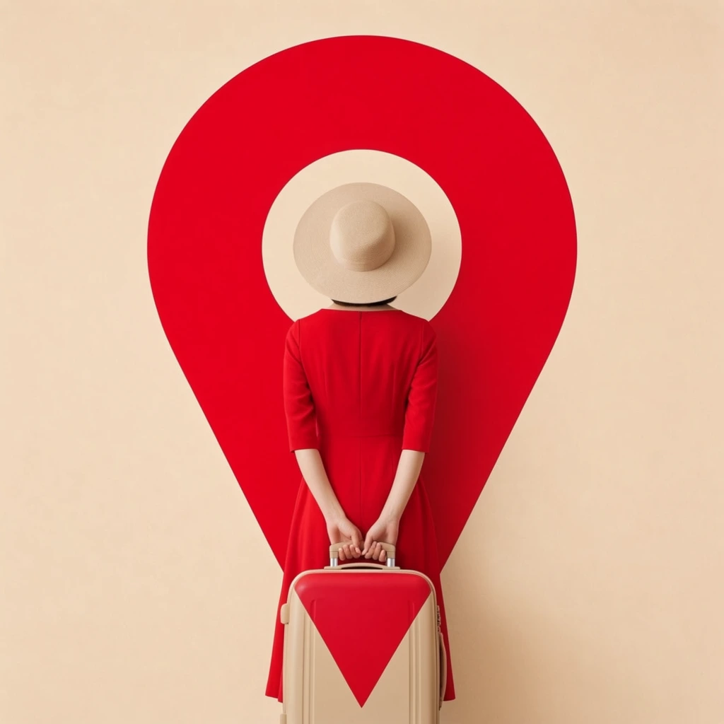 A highly stylized optical illusion features a figure viewed from behind seamlessly blending into a massive red map pin graphic against a pale beige wall. The person wears a vivid red dress and a circular beige wide-brimmed hat that perfectly forms the map pin's top cutout. Hands clasped behind her back grip a beige hard-shell suitcase featuring a prominent red downward-pointing triangle that completes the sharp tip of the giant pin. This perfectly symmetrical, minimalist composition utilizes strict color blocking between solid crimson and creamy beige. Flat, even lighting eliminates deep shadows, enhancing the two-dimensional, surreal pop-art aesthetic and precise geometric alignment of the scene.