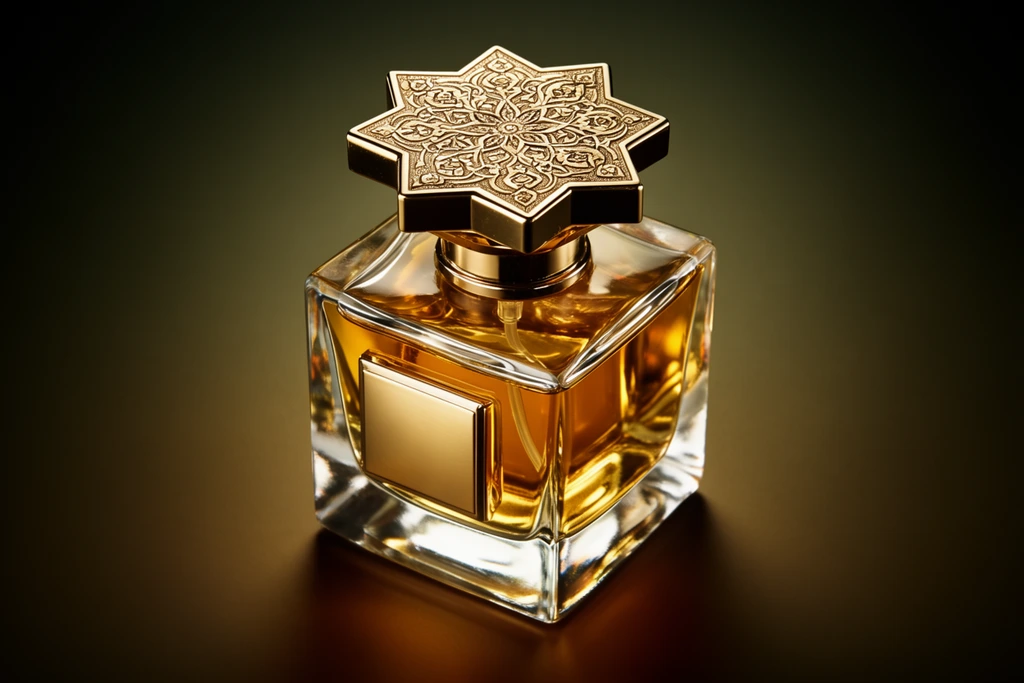 A thick-walled square glass perfume bottle filled with amber liquid is dramatically lit against a dark olive and bronze gradient background. The vessel is crowned by an eight-pointed star-shaped metallic gold cap deeply engraved with intricate arabesque floral patterns. A rectangular gold metallic plaque is affixed to the front glass facet. A central atomizer tube is visible inside through the refracting golden fluid. Sharp studio spotlighting creates a deep vignette, emphasizing high-contrast metallic reflections on the ornate cap and luminous, warm shadow play within the heavy glass.