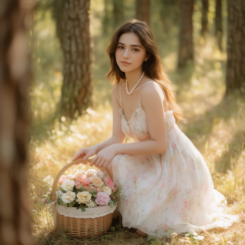 young woman kneeling with a wicker flower basket in a sunlit forest, light floral sundress, pearl necklace, blurred foreground tree trunk, dappled golden light, soft romantic portrait