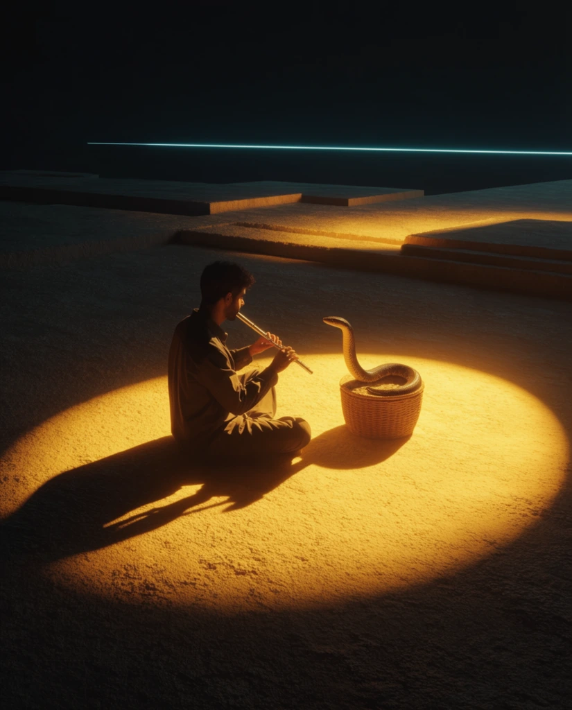 A man sits playing a flute facing a snake rising from a basket, isolated within a dramatic, minimalist expanse defined by extreme chiaroscuro and intense golden lighting. The seated man holds the flute to his lips, positioned directly across from the curved form of the snake extending upward from its woven container. Both subjects are bathed in a monumental, perfectly circular pool of radiant amber light pouring down from an unseen source, casting sharp, elongated, high-contrast shadows across a rough, coarse, sandy ground surface. The surrounding environment recedes into deep, cool, pitch-black shadows, exhibiting a hyper-realistic, surreal aesthetic. Staggered, geometric architectural textures softly catch the warm, golden edge-light in the midground, contrasting sharply with a razor-thin, horizontal neon cyan light strip cutting through the dark background void. The composition features a sweeping perspective, pristine digital rendering quality, and a highly controlled color palette dominated by the glowing yellow-ochre center against an abyssal dark surround.