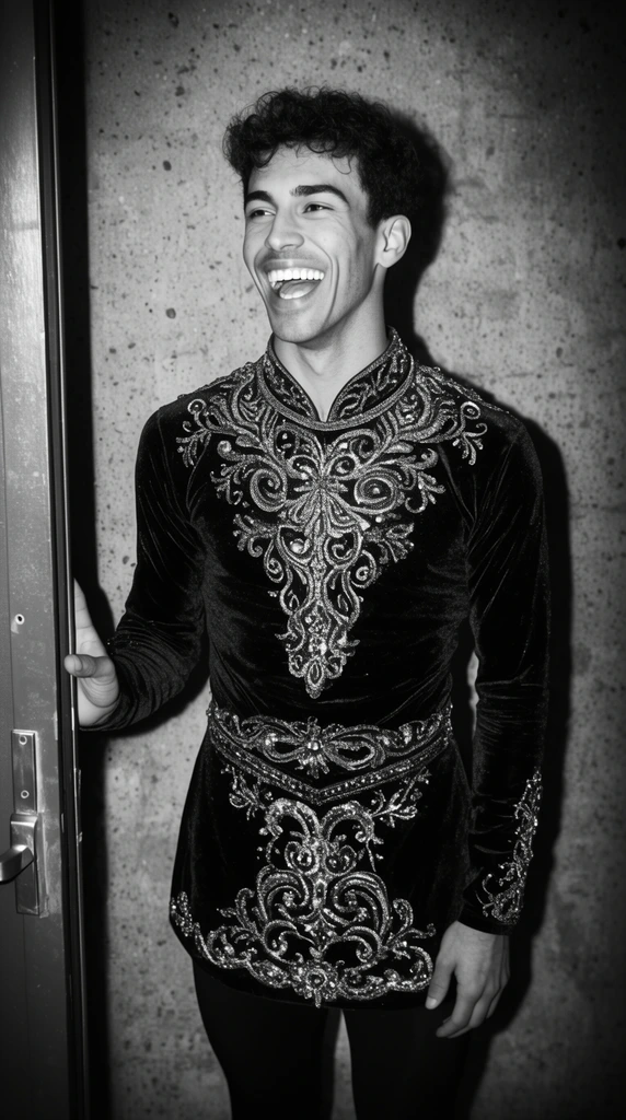 An athletic male contemporary dancer laughs brightly, looking off-camera. He wears a form-fitting dark velvet tunic heavily embellished with intricate metallic embroidery. Resting one hand on a metal doorframe, he stands against a rough concrete wall. The high-contrast black and white flash photography creates deep shadows and a strong vignette, emphasizing the rich textures of the elaborate garment and gritty background.