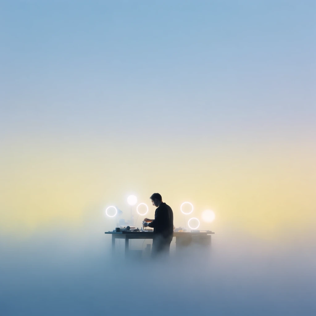 A solitary man working at a minimalist workbench surrounded by illuminated light circles, centered in the lower third of a vast, expansive environment. Extreme negative space fills the upper two-thirds, defined by a smooth, heavily diffused color gradient transitioning from crisp powder blue at the top to a warm, glowing pale yellow near the horizontal midpoint. A dense, soft-focus atmospheric fog forms an ethereal floor, seamlessly blending into the background and partially enveloping the lower portion of the man and the bench. The sharply rendered figure and workbench feature deep, high-contrast shadows, creating a stark focal point against the brightly backlit, misty surroundings. The light circles emit a soft, hazy luminescence that integrates perfectly with the pristine, polished digital rendering aesthetic. The wide-angle, level-horizon composition isolates the subject, utilizing soft volumetric lighting and a pastel color palette to produce a highly stylized, minimalist visual atmosphere.