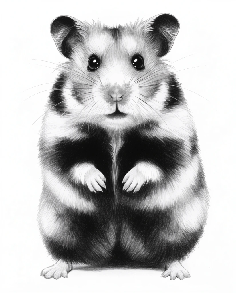 A realistic graphite pencil drawing of a hamster standing upright on its hind legs against a pure white background. The rodent features a densely shaded black underbelly contrasting with lighter patterned fur above. Fine hatching and precise shading capture its delicate whiskers, bright reflective eyes, raised front paws, and the soft texture of its dense coat in a crisp, monochromatic style.