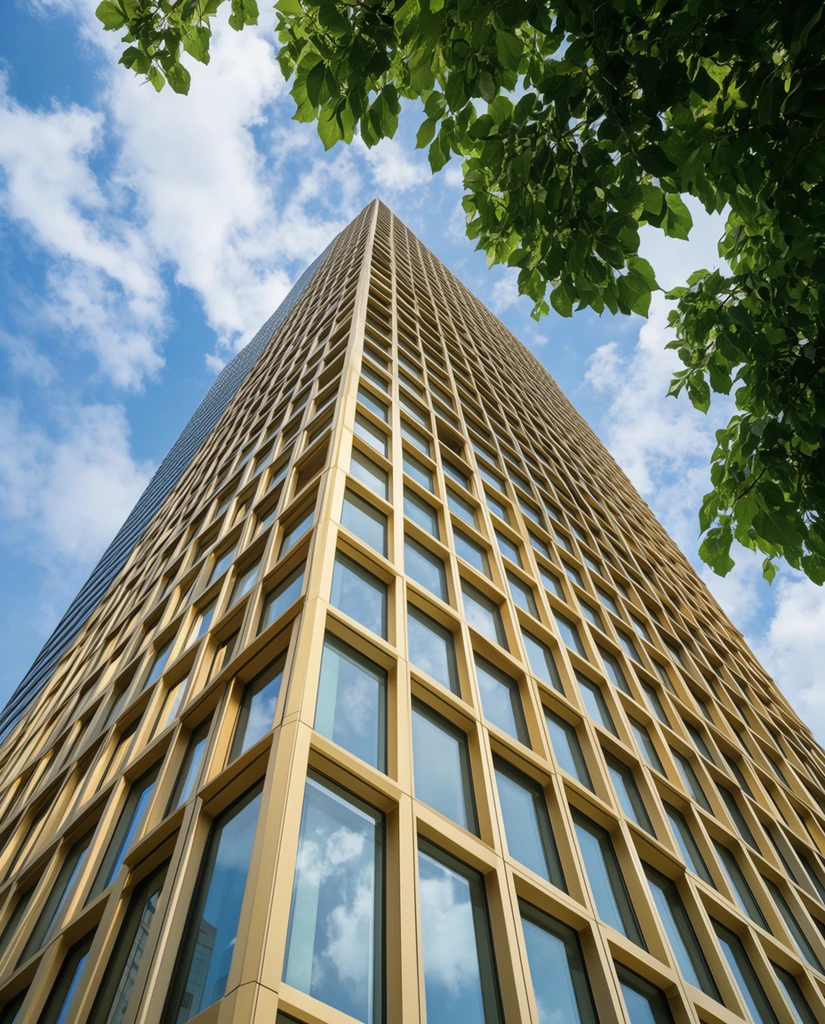A low-angle architectural photograph looking directly up at a towering modern skyscraper. The building's facade is a precise geometric grid of golden-beige structural beams and large rectangular glass windows reflecting the sky. Lush green tree leaves frame the top right foreground, contrasting organically against the sharp architectural lines. A bright blue sky with scattered fluffy white clouds fills the background. Shot with a wide-angle lens in natural daylight, emphasizing striking verticality, structural symmetry, crisp focus, and a vibrant palette of gold, deep green, and azure.