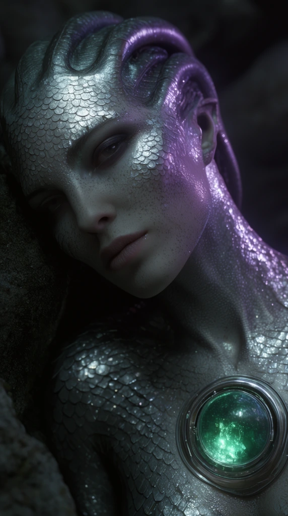 alien woman with silver scales resting head sideways in heavy shadows, glowing emerald circular chest implant, cinematic violet edge lighting, widescreen, moody