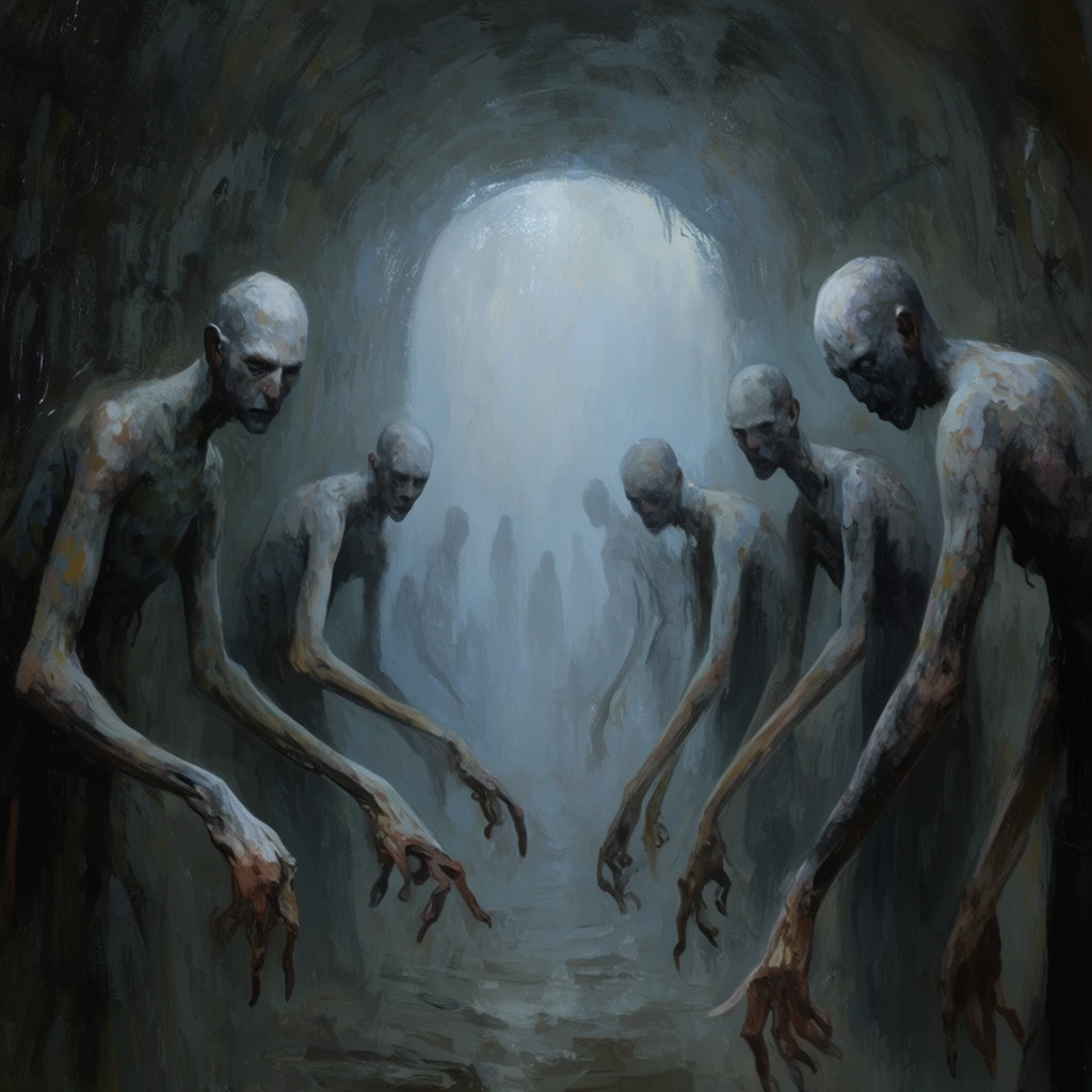 A dark fantasy painting of gaunt, elongated humanoid figures lining a cavernous, misty tunnel. The pale figures feature mottled skin and disproportionately long arms ending in distorted, reaching hands. The rough-walled corridor leads to a glowing, foggy archway revealing faint silhouettes in a luminous haze. Rendered with rough, expressive brushstrokes using a moody palette of cool greys, slate blues, and murky browns.