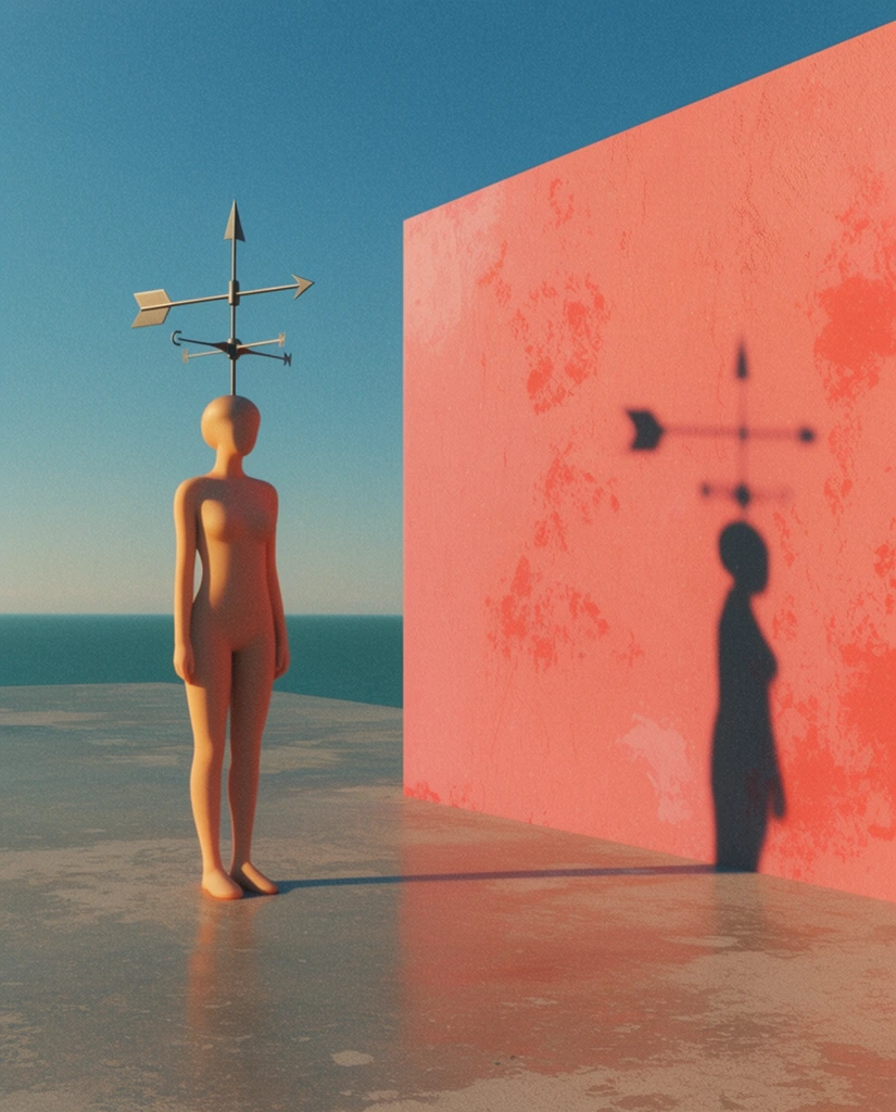 A surreal, minimalist 3D rendering of a feminine character with a wind vane antenna standing in a stark, sunlit architectural environment. The highly stylized feminine figure stands perfectly rigid, featuring a metallic wind vane antenna with thin directional crossbars and an arrow pointer protruding vertically from the top of her head. She is positioned on a flat, expansive, slightly weathered concrete floor that reflects a soft sheen, extending toward a distant, perfectly horizontal teal ocean horizon. Beside her, a massive, monolithic geometric wall painted in vibrant salmon-coral pink rises sharply into a clear, gradient cerulean blue sky. Harsh, directional golden-hour sunlight hits the scene from the side, causing the figure and the wind vane to cast long, elongated, razor-sharp dark charcoal shadows across the ground and the textured wall. The wall surface displays subtle, mottled plaster stains and rough stucco imperfections. The overall rendering utilizes a distinct, tactile aesthetic heavily textured with a pronounced film grain and noise overlay, emphasizing a high-contrast, complementary color palette of warm coral-pinks against cool, serene blues to define the geometric, liminal space.