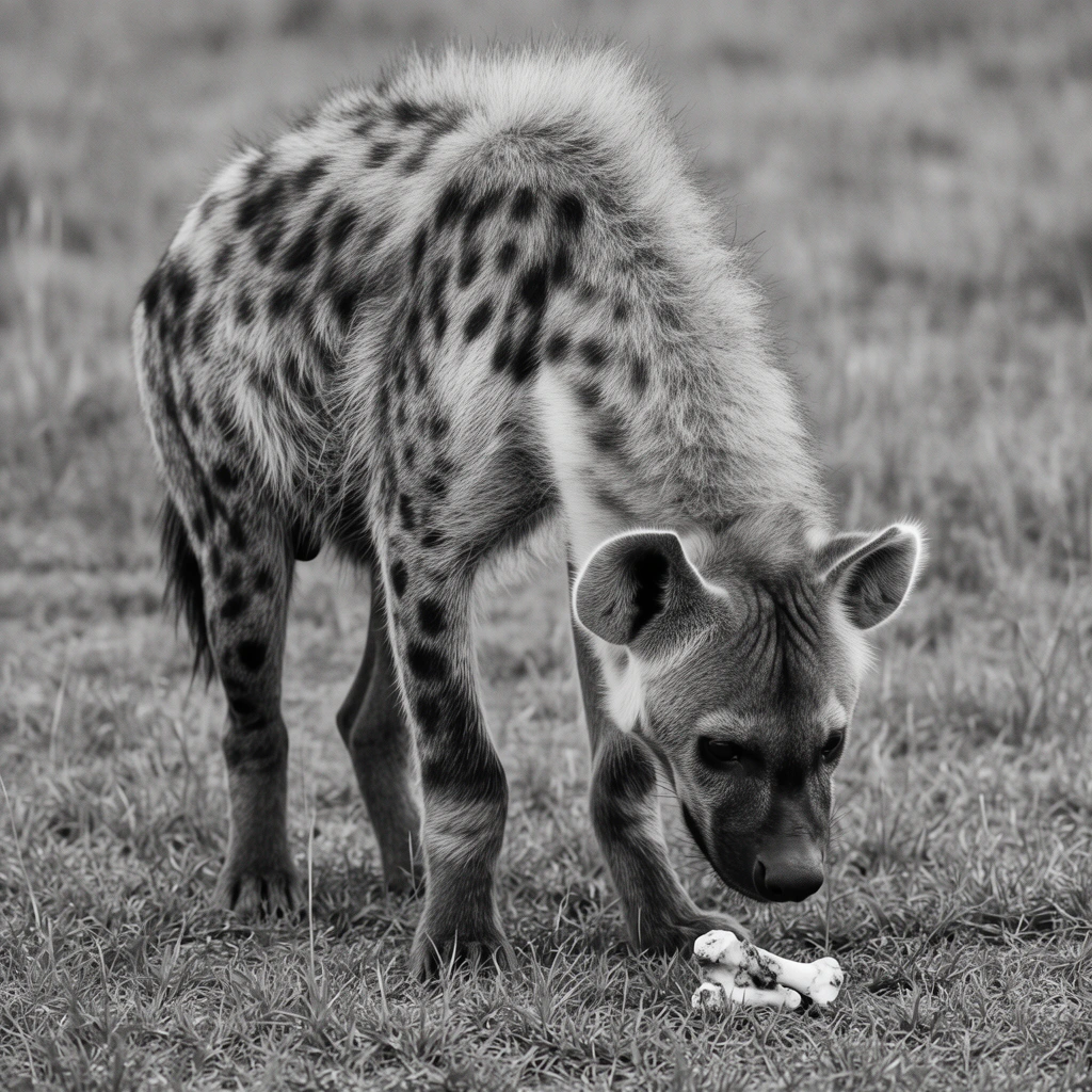 spotted hyena standing in a grassy field, black and white wildlife photography, head lowered investigating a small bone on the ground, coarse spotted coat, prominent bristly mane, rounded ears, dark snout, short dry grass, shallow depth of field, monochrome palette