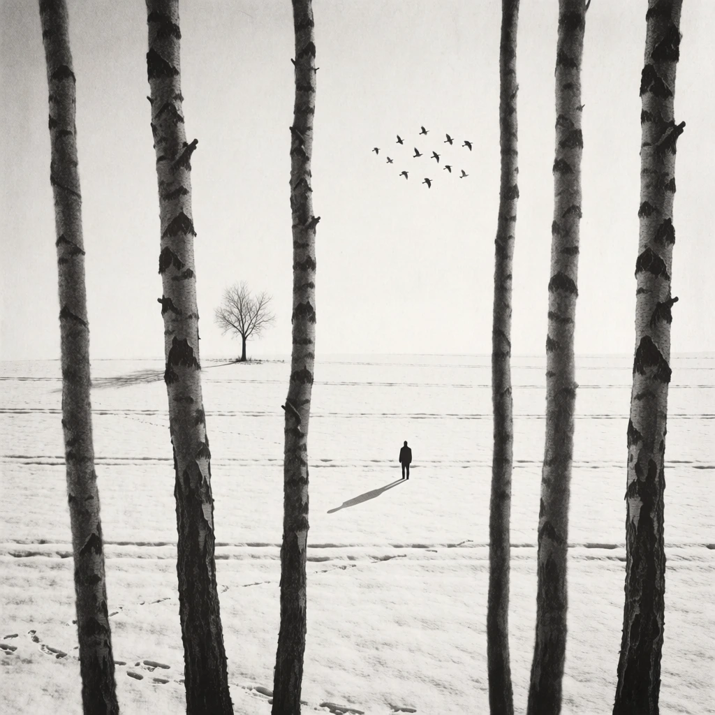 A lone silhouette stands in a vast, snow-covered landscape framed by the dark, slender trunks of foreground trees. Five dark, heavily textured birch tree trunks rise vertically in the immediate foreground, their black and gray bark contrasting sharply against the white ground. In the middle ground, a single small, dark human figure stands upright and still, casting a thin, elongated shadow to its left across the flat, white expanse. Further in the background, a lone, bare, spindly tree stands small against the horizon on the left side. A scattered flock of birds flies in a loose formation across the upper right portion of the pale sky. The entire landscape is blanketed in white snow, marked by subtle horizontal lines that suggest furrows in a field or layers of terrain. This high-contrast, monochromatic image uses a minimalist aesthetic with a vertical composition that emphasizes the scale of the open space. The perspective is framed by the verticality of the foreground trees, creating a sense of depth and isolation. The texture is grainy and matte, resembling a fine art print on textured paper, while the lighting appears diffuse across the scene except for the distinct, sharp shadow cast by the central figure.