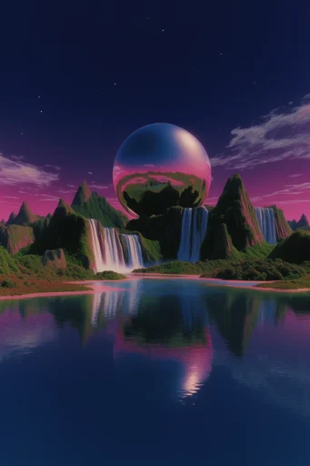 Luminous Retro-Surrealist Landscapes style reference image — one-point perspective