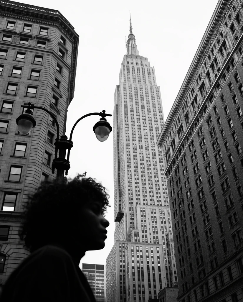 black and white urban street photography, low angle perspective, dark silhouette of a person with curly hair in profile facing right, ornate double-globe street lamp post, towering Art Deco skyscraper with a needle spire in the center, flanked by classic masonry buildings with dense grids of windows, bright sky, high contrast, sharp architectural focus