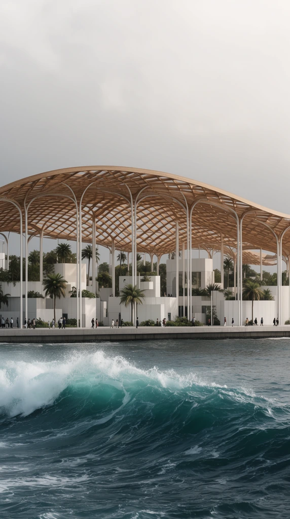 A sprawling architectural pavilion with a sweeping, curved wooden lattice roof supported by slender white columns lines a waterfront promenade. Beneath the massive canopy, multi-level white geometric structures integrate palm trees and lush greenery, populated by small walking figures along the concrete edge. In the immediate foreground, a dynamic, dark turquoise ocean wave with crashing white foam provides sharp natural contrast to the precise modern architecture under a hazy, diffused grey sky.