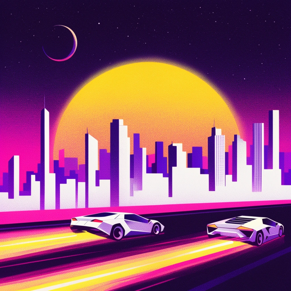 A retro-futuristic illustration of a city skyline silhouetted against a massive, glowing yellow gradient sun. Two angular white sports cars speed along a dark highway in the foreground, leaving luminous yellow and pink light trails. The cityscape features stark white and deep purple skyscrapers. Above, a starry dark purple night sky holds a thin crescent moon. A heavy digital halftone texture overlays the flat graphic composition, emphasizing a vibrant neon palette of magenta, sun-yellow, and midnight purple.