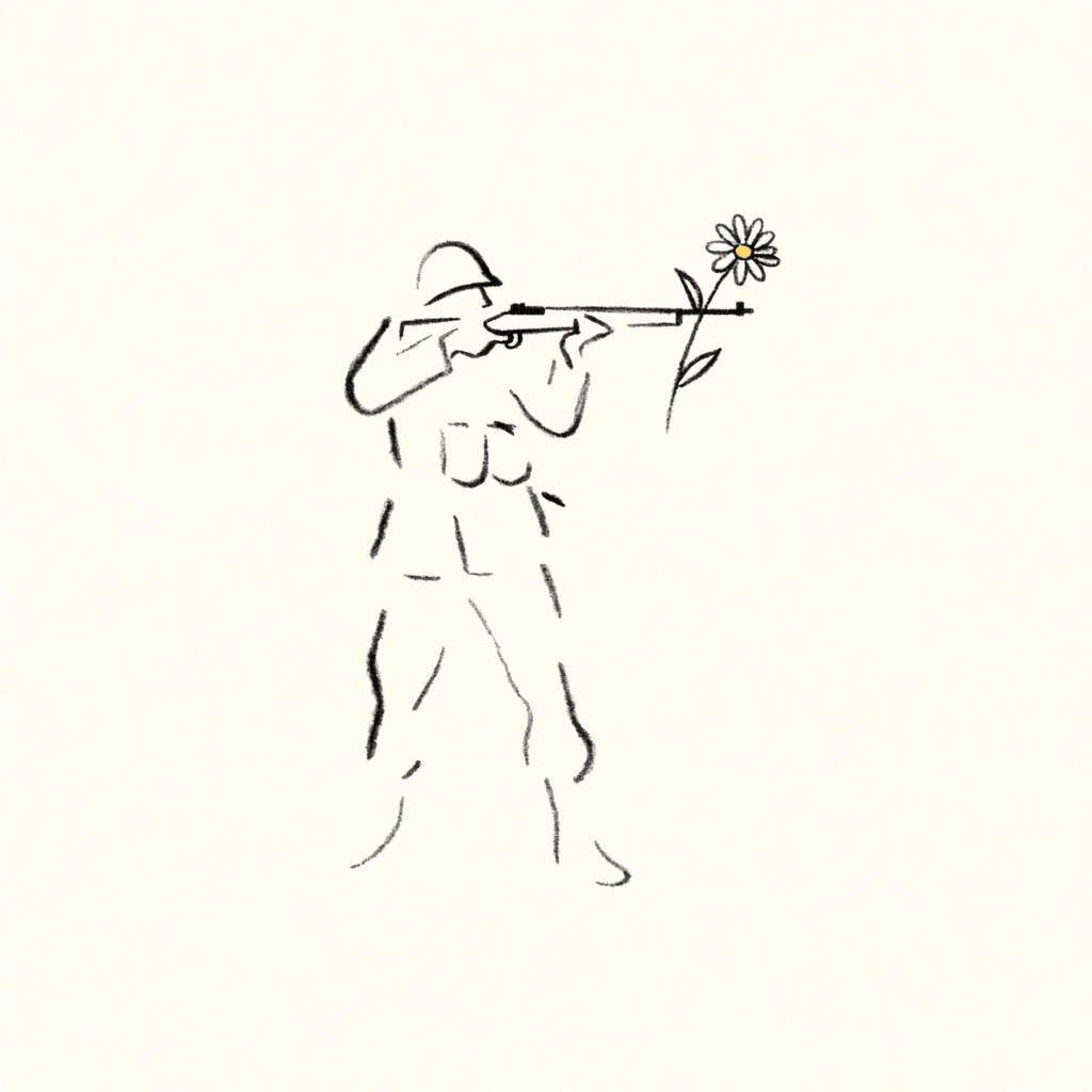 minimalist line art illustration, hand-drawn gestural charcoal strokes, off-white cream background, monochromatic palette, vertical composition, a soldier in a helmet aiming a rifle rendered in delicate broken lines, a single daisy blooming from the rifle muzzle as a peace symbol, refined conceptual sketch aesthetic, ample negative space, subtle variations in line weight, clean minimalist design, ethereal and poetic mood, organic hand-rendered quality, centered framing.