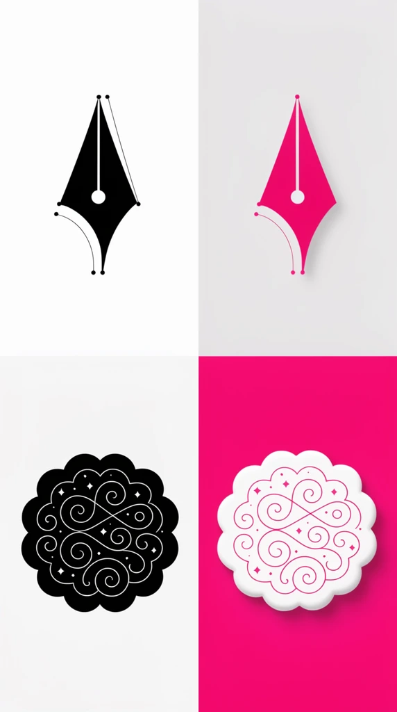 A 2x2 grid presentation of clean, modern graphic designs. Top left shows a black fountain pen nib merging with a curved geometric shape outlined by bezier curve nodes on a white background. Top right repeats this pen nib graphic in bright pink on light grey with a soft shadow. Bottom left displays a scalloped black cloud silhouette containing intricate, swirling white ornamental linework and tiny diamond stars. Bottom right features this scalloped cloud badge in white with pink swirling linework, set against a vibrant magenta background with a 3D sticker shadow effect.